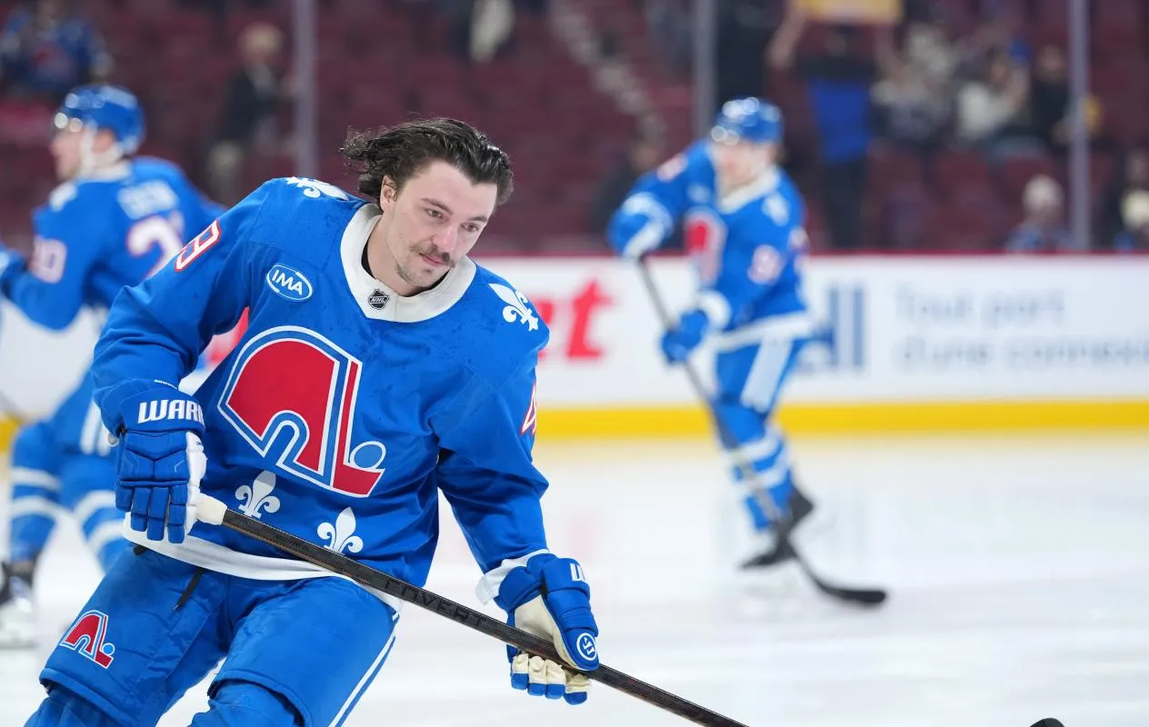 Colorado Avalanche defenseman Samuel Girard (49) skates during the warmup before the game against the Montreal Canadiens at the Bell Centre.