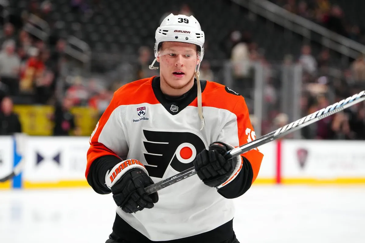 Philadelphia Flyers right wing Matvei Michkov (39) warms up before a game against the Vegas Golden Knights at T-Mobile Arena.