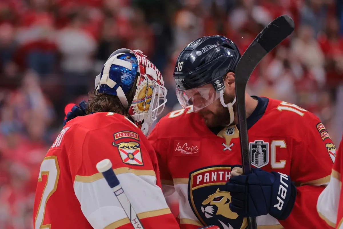 Florida Panthers forward Aleksander Barkov (16) celebrates with goaltender Sergei Bobrovsky (72) after the third period in game three of the 2025 Stanley Cup Final at Amerant Bank Arena
