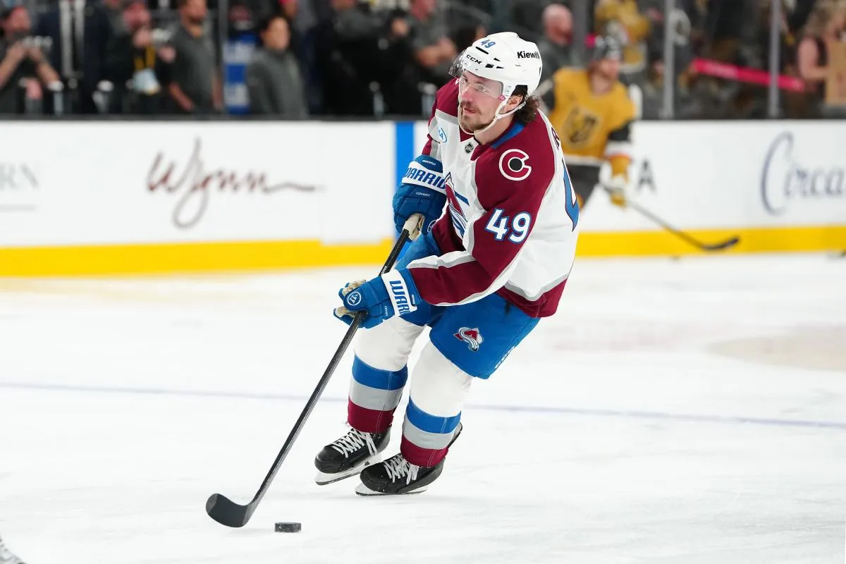Colorado Avalanche defenseman Samuel Girard (49) warms up before a game against the Vegas Golden Knights at T-Mobile Arena.