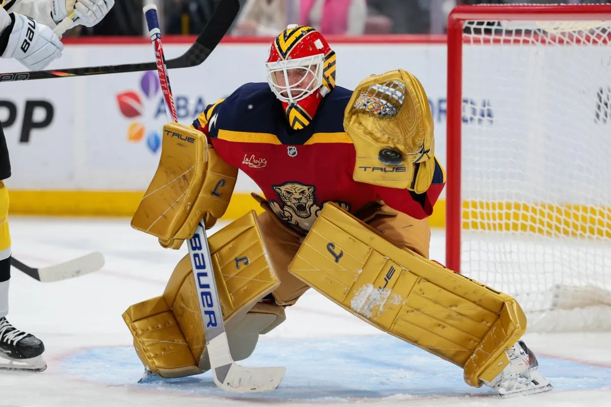 Florida Panthers goaltender Sergei Bobrovsky (72) makes a save against the Boston Bruins during the second period at Amerant Bank Arena