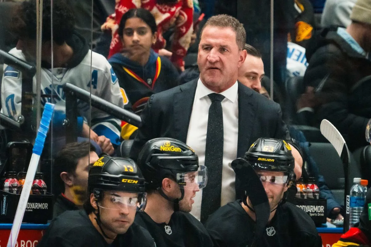 Vancouver Canucks head coach Adam Foote on the bench against the Buffalo Sabres in the first period at Rogers Arena.