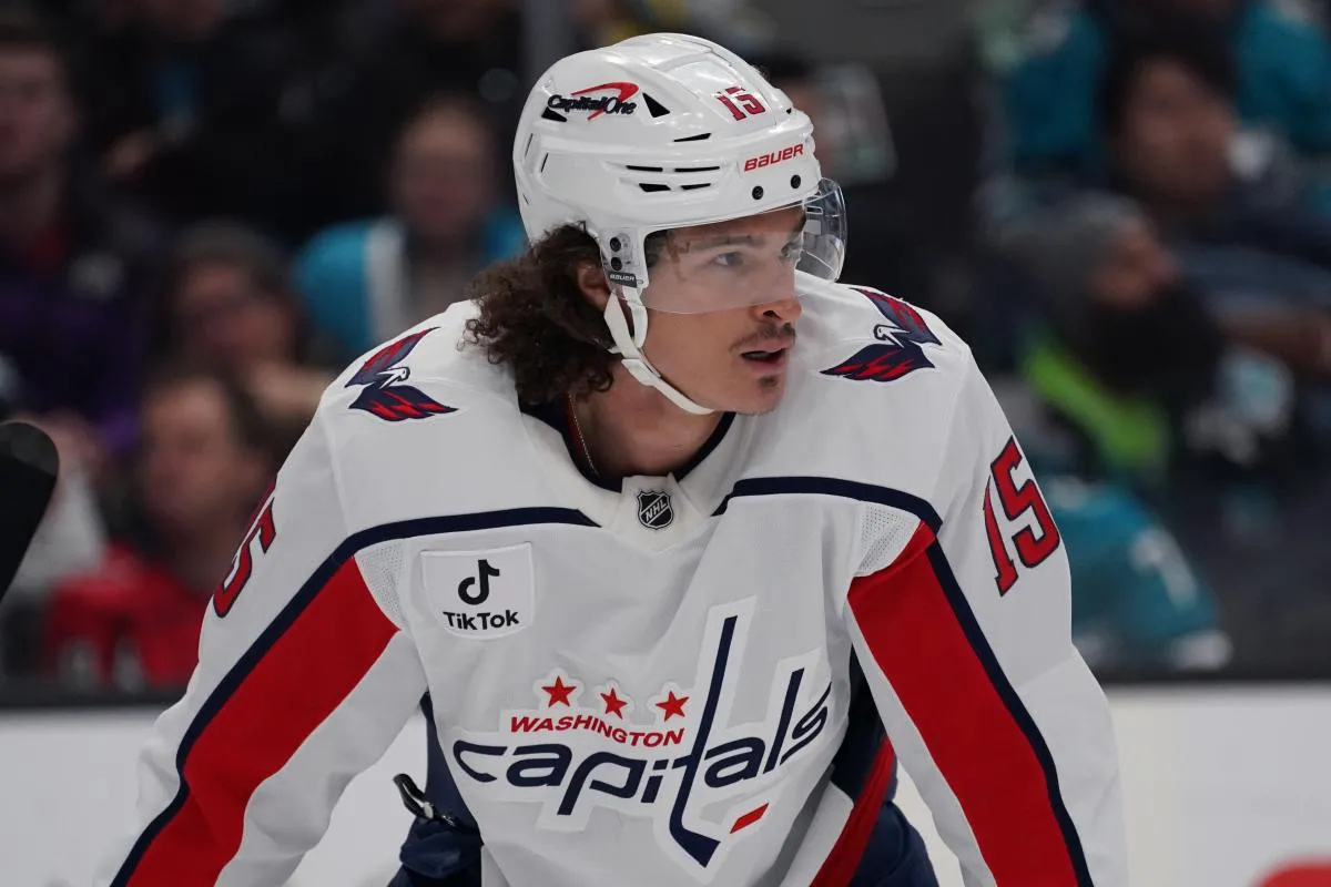 Washington Capitals left winger Sonny Milano (15) waits for play to resume against the San Jose Sharks in the second period at SAP Center in San Jose.