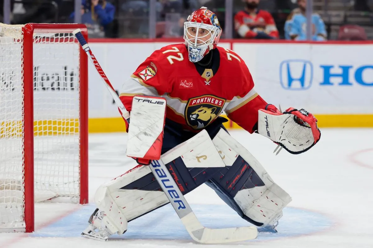 Florida Panthers goaltender Sergei Bobrovsky (72) defends his net against the Buffalo Sabres during the second period at Amerant Bank Arena.