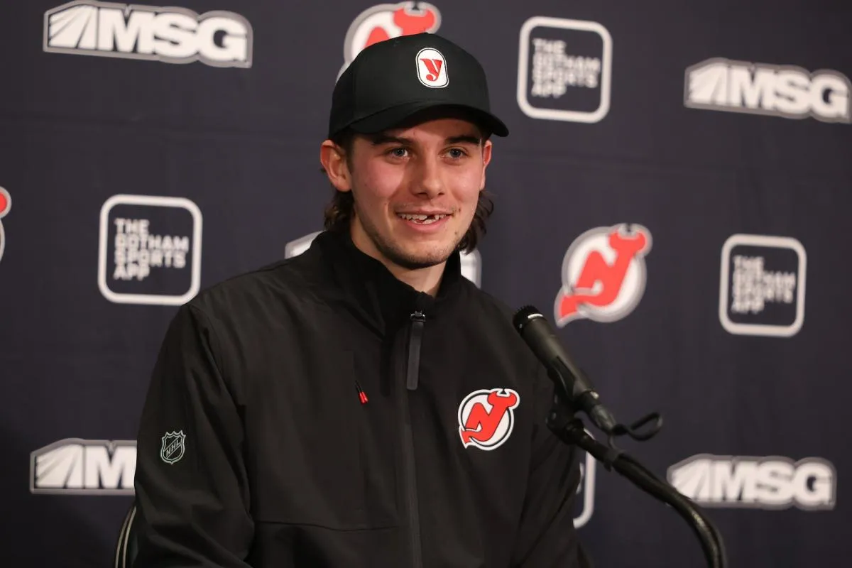 New Jersey Devils center Jack Hughes (86) speaks to media after the game against the Buffalo Sabres at Prudential Center.