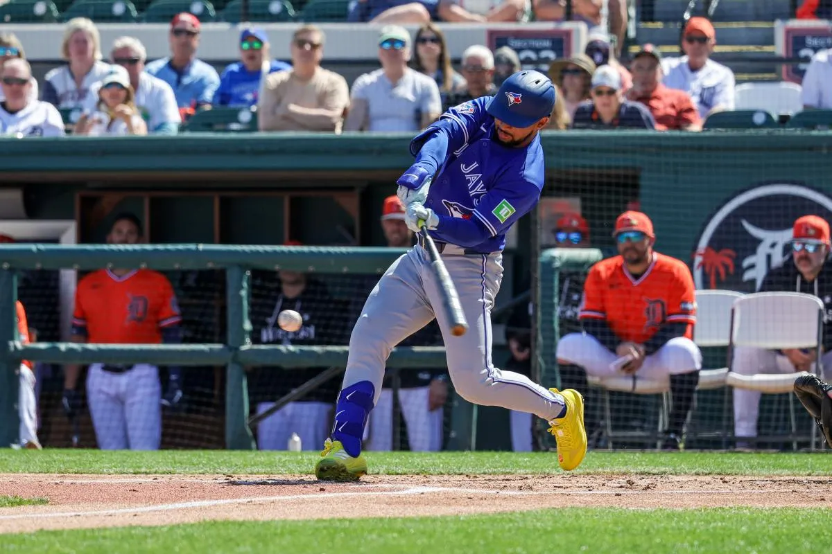 Toronto Blue Jays outfielder Jonatan Clase (8) bats during the second inning against the Detroit Tigers at Publix Field at Joker Marchant Stadium