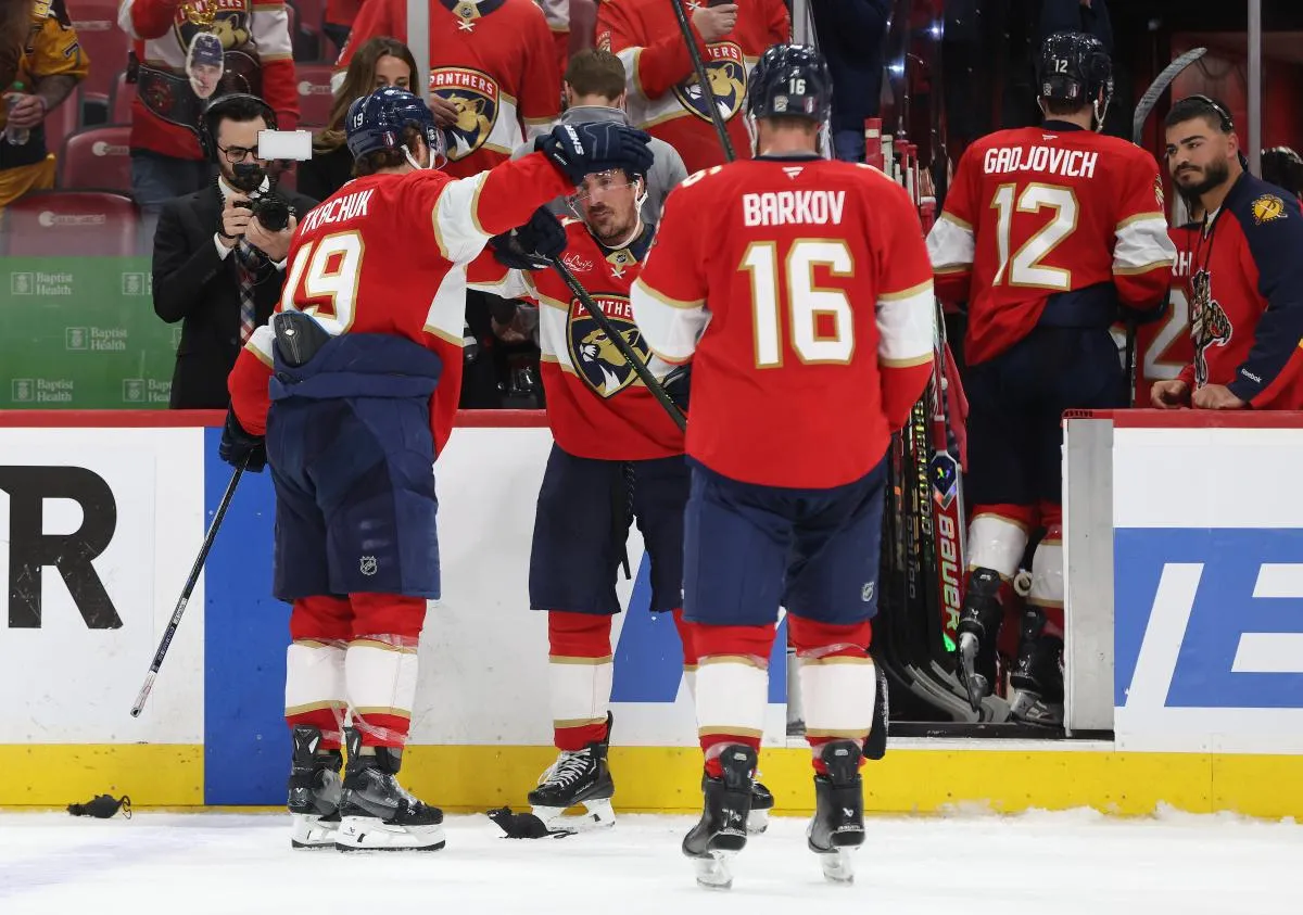 Florida Panthers center Brad Marchand (63), left wing Matthew Tkachuk (19) and center Aleksander Barkov (16) celebrate after they beat the Toronto Maple Leafs in game four of the second round of the 2025 Stanley Cup Playoffs at Amerant Bank Arena.