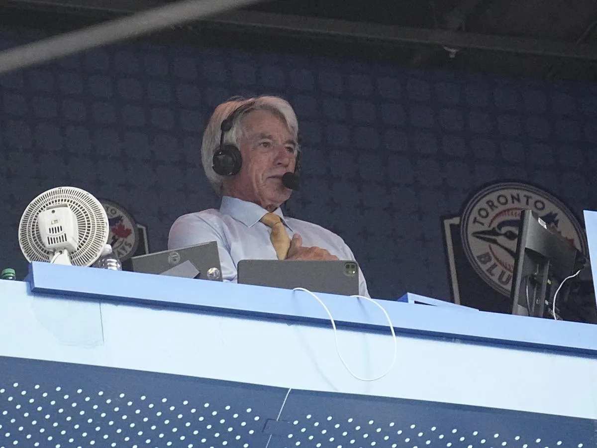 Toronto Blue Jays broadcaster Buck Martinez after a tribute for his return to the booth for a game against the St. Louis Cardinals at Rogers Centre after receiving cancer treatment .
