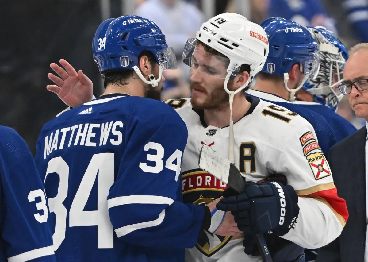 Toronto Maple Leafs forward Auston Matthews (34) congratulates Florida Panthers forward Matthew Tkachuk (19) after the Panthers won game five of their second round series and eliminated the Leafs from 2023 Stanley Cup Playoffs at Scotiabank Arena.