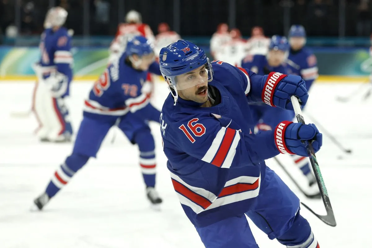 Vincent Trocheck of United States during the warm up before the match against Denmark in men's ice hockey group C play during the Milano Cortina 2026 Olympic Winter Games at Milano Santagiulia Ice Hockey Arena.