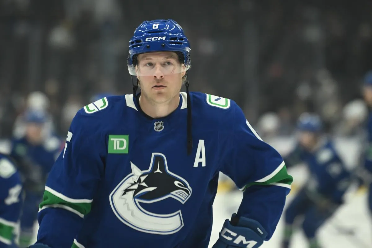 Vancouver Canucks right wing Brock Boeser (6) warms up prior to the game against the Winnipeg Jets at Rogers Arena.