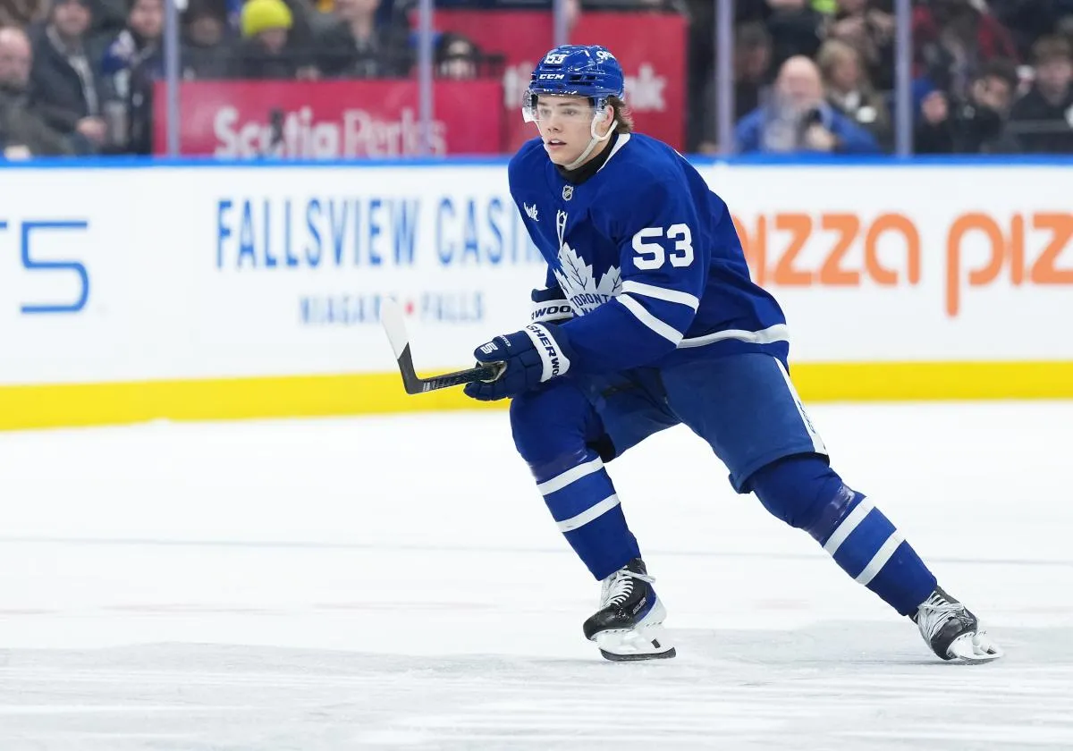 Toronto Maple Leafs right wing Easton Cowan (53) skates against the Florida Panthers during the second period at Scotiabank Arena.