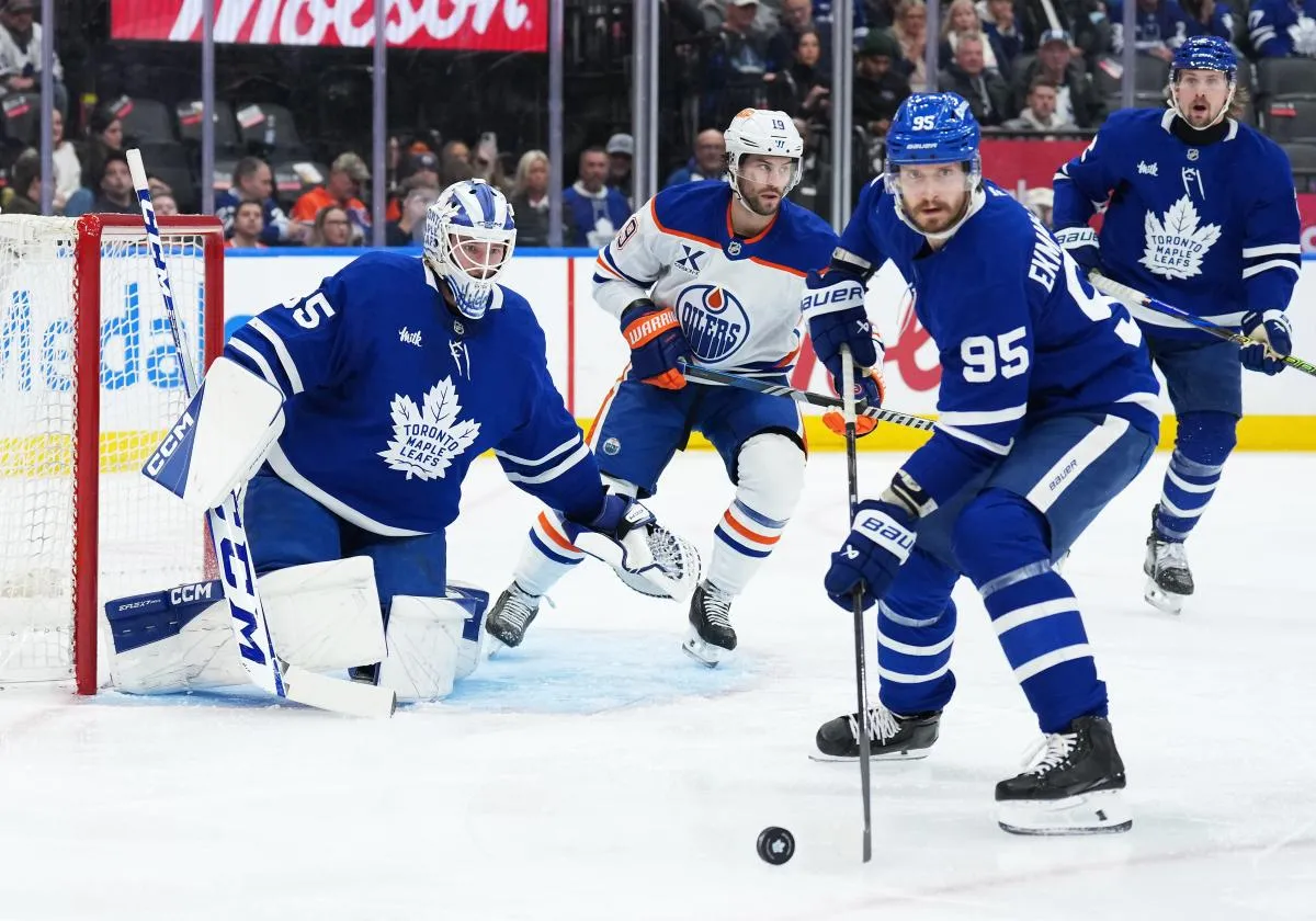 Toronto Maple Leafs defenseman Oliver Ekman-Larsson (95) controls the puck against the Edmonton Oilers during the second period at Scotiabank Arena.