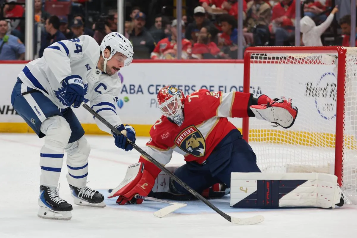 Toronto Maple Leafs center Auston Matthews (34) shoots the puck but cannot score against Florida Panthers goaltender Sergei Bobrovsky (72) during the second period at Amerant Bank Arena.