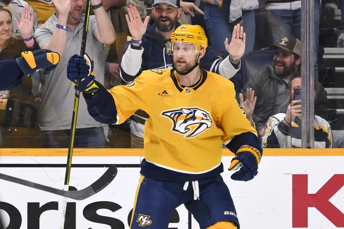 Nashville Predators center Steven Stamkos (91) celebrates his goal against the Minnesota Wild ring the first period at Bridgestone Arena.