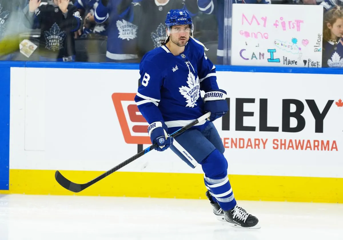 Toronto Maple Leafs defenseman Chris Tanev (8) skates during the warmup before a game against the Seattle Kraken at Scotiabank Arena.