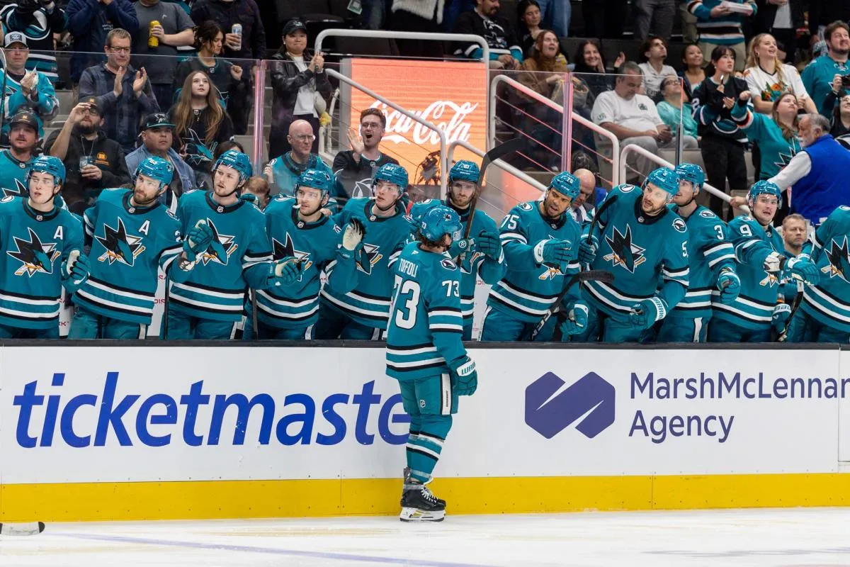 San Jose Sharks center Tyler Toffoli (73) celebrates scoring during the second period against the Calgary Flames at SAP Center at San Jose.