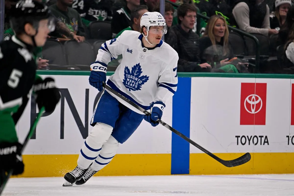 Toronto Maple Leafs center Bobby McMann (74) skates against the Dallas Stars during the game at the American Airlines Center.