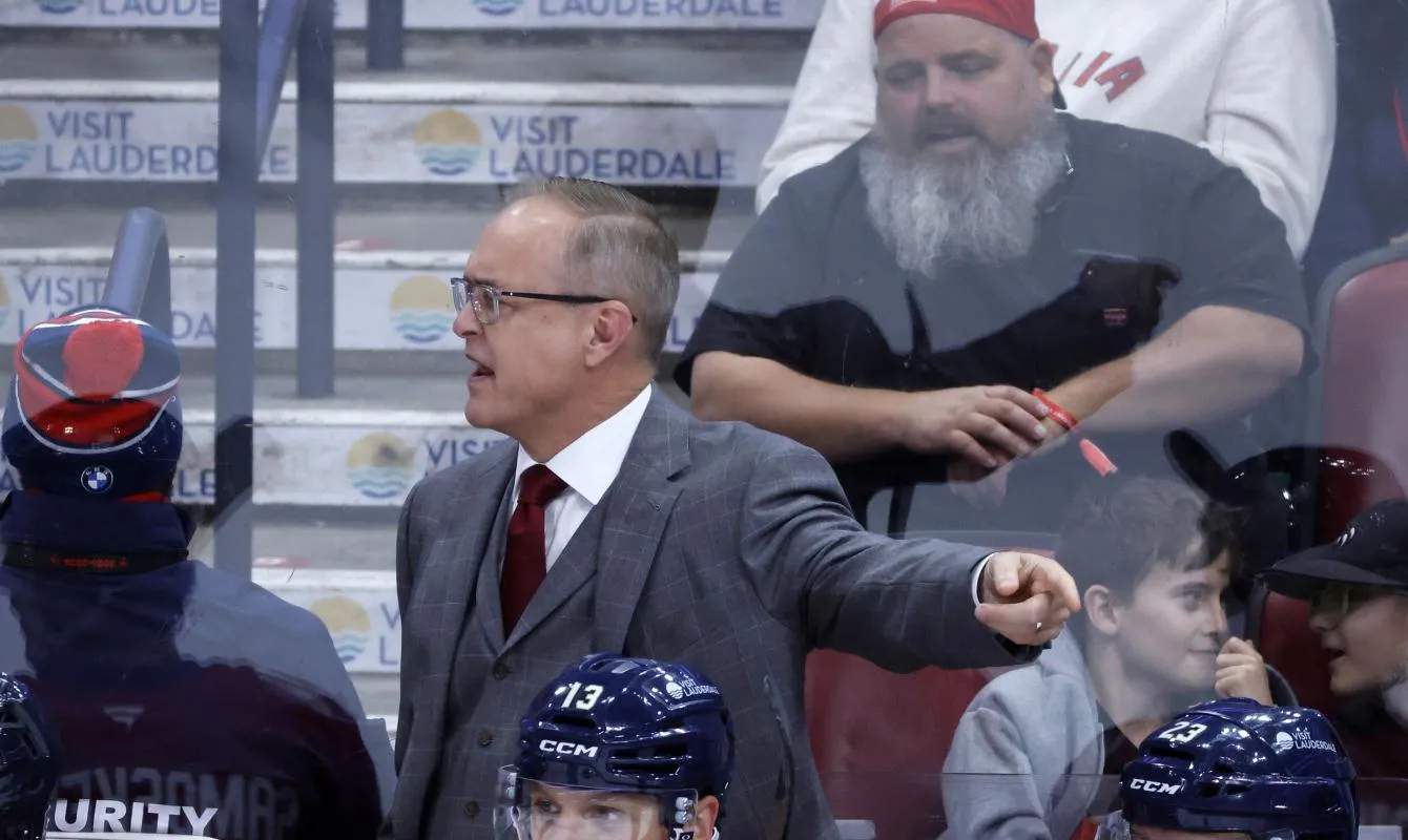 Florida Panthers head coach Paul Maurice argues a call against the Carolina Hurricanes during the second period at Amerant Bank Arena