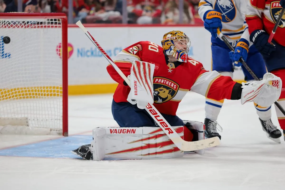 Florida Panthers goaltender Daniil Tarasov (40) cannot make a save against a shot on goal by Buffalo Sabres left wing Beck Malenstyn (not pictured) during the third period at Amerant Bank Arena.