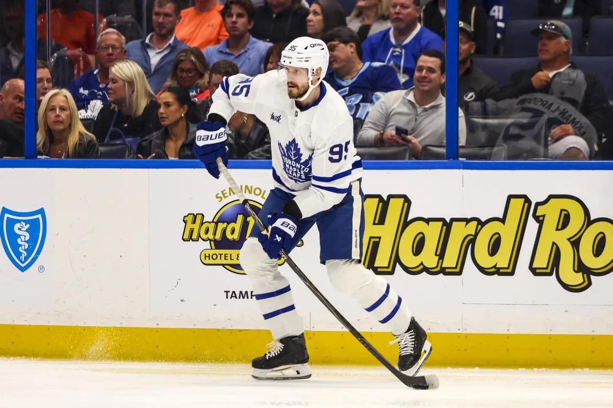 Toronto Maple Leafs defenseman Oliver Ekman-Larsson (95) handles the puck during the first period at Benchmark International Arena.