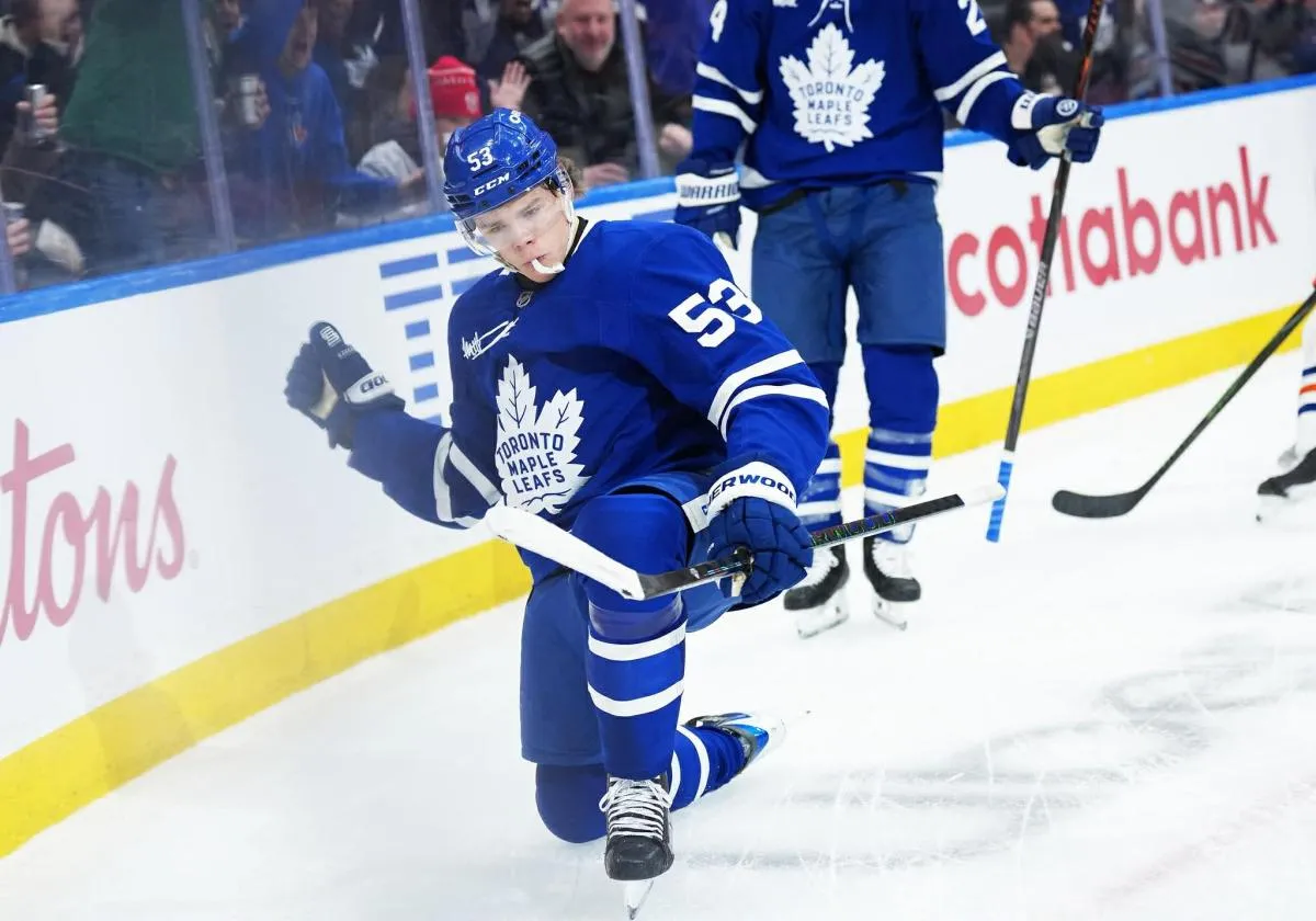 Toronto Maple Leafs right wing Easton Cowan (53) celebrates scoring a goal against the Edmonton Oilers during the first period at Scotiabank Arena.