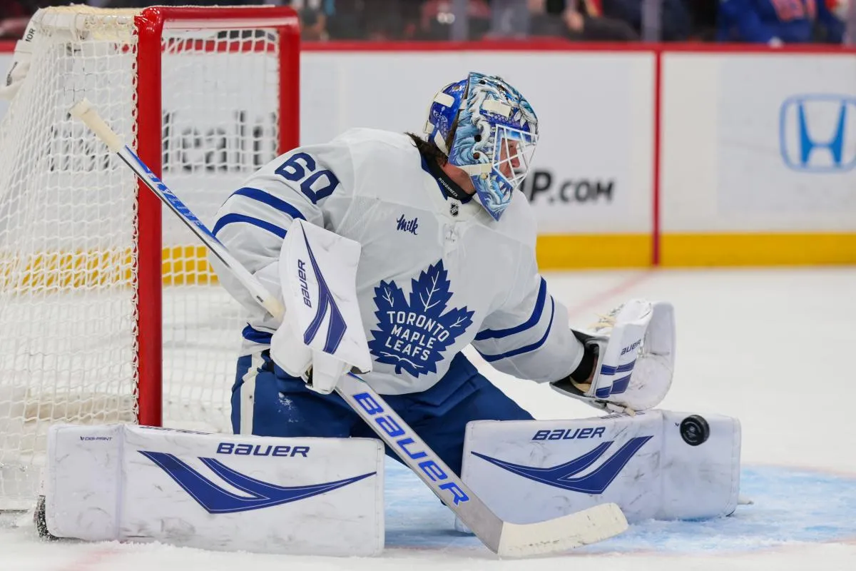 Toronto Maple Leafs goaltender Joseph Woll (60) makes a save against the Florida Panthers during the first period at Amerant Bank Arena.