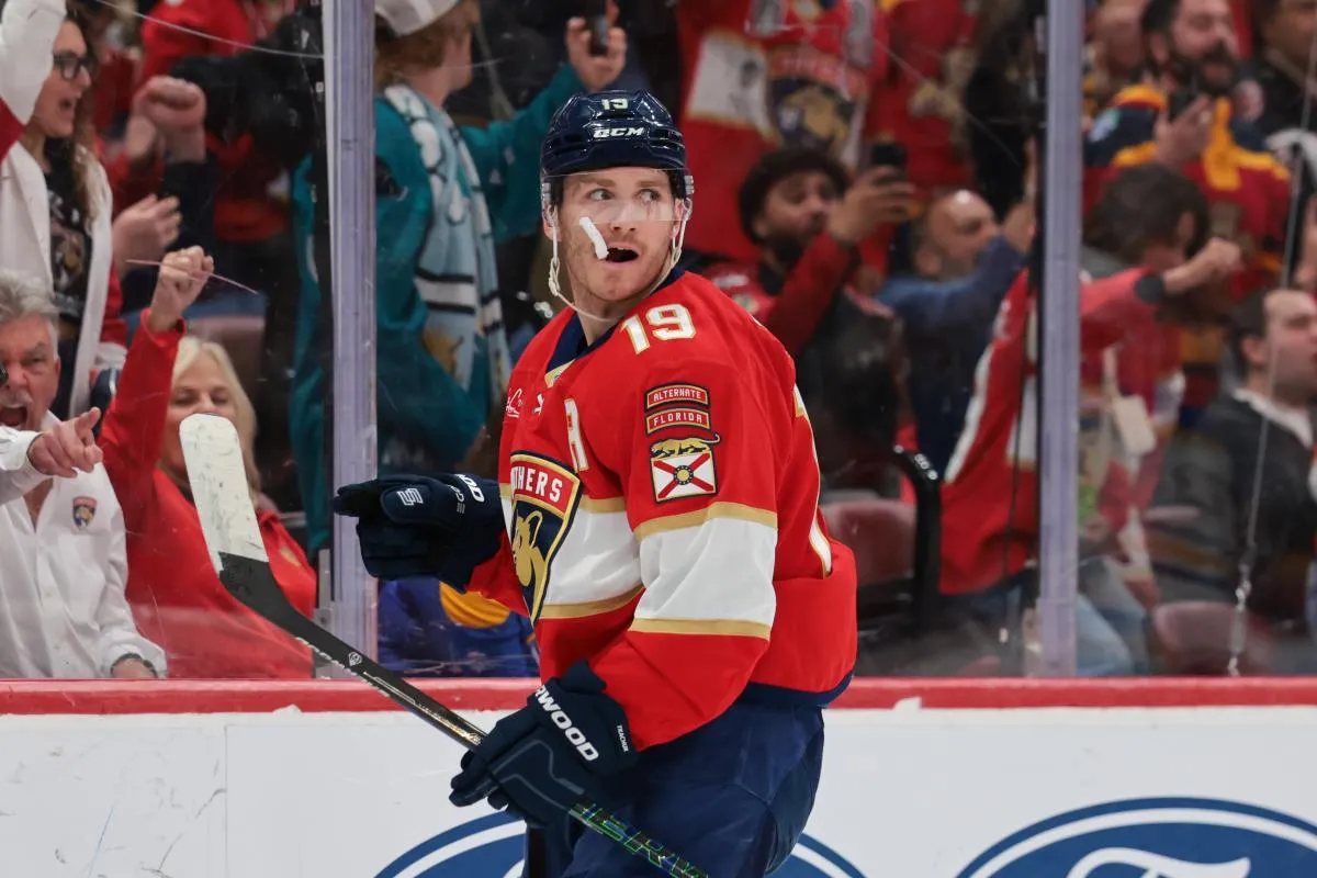 Florida Panthers left wing Matthew Tkachuk (19) celebrates after scoring against the Buffalo Sabres during the second period at Amerant Bank Arena.