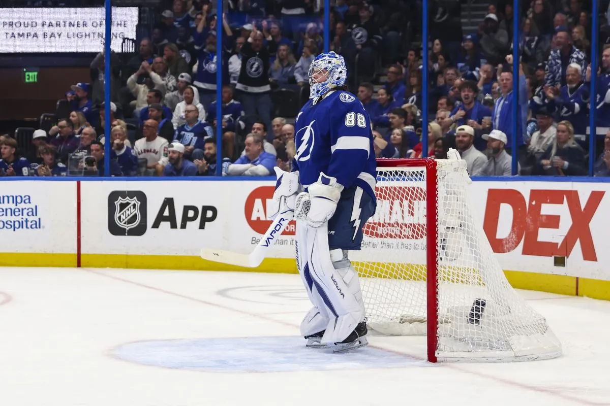 Tampa Bay Lightning fans celebrate a save by goalie Andrei Vasilevskiy (88) against the Toronto Maple Leafs during the second period at Benchmark International Arena.