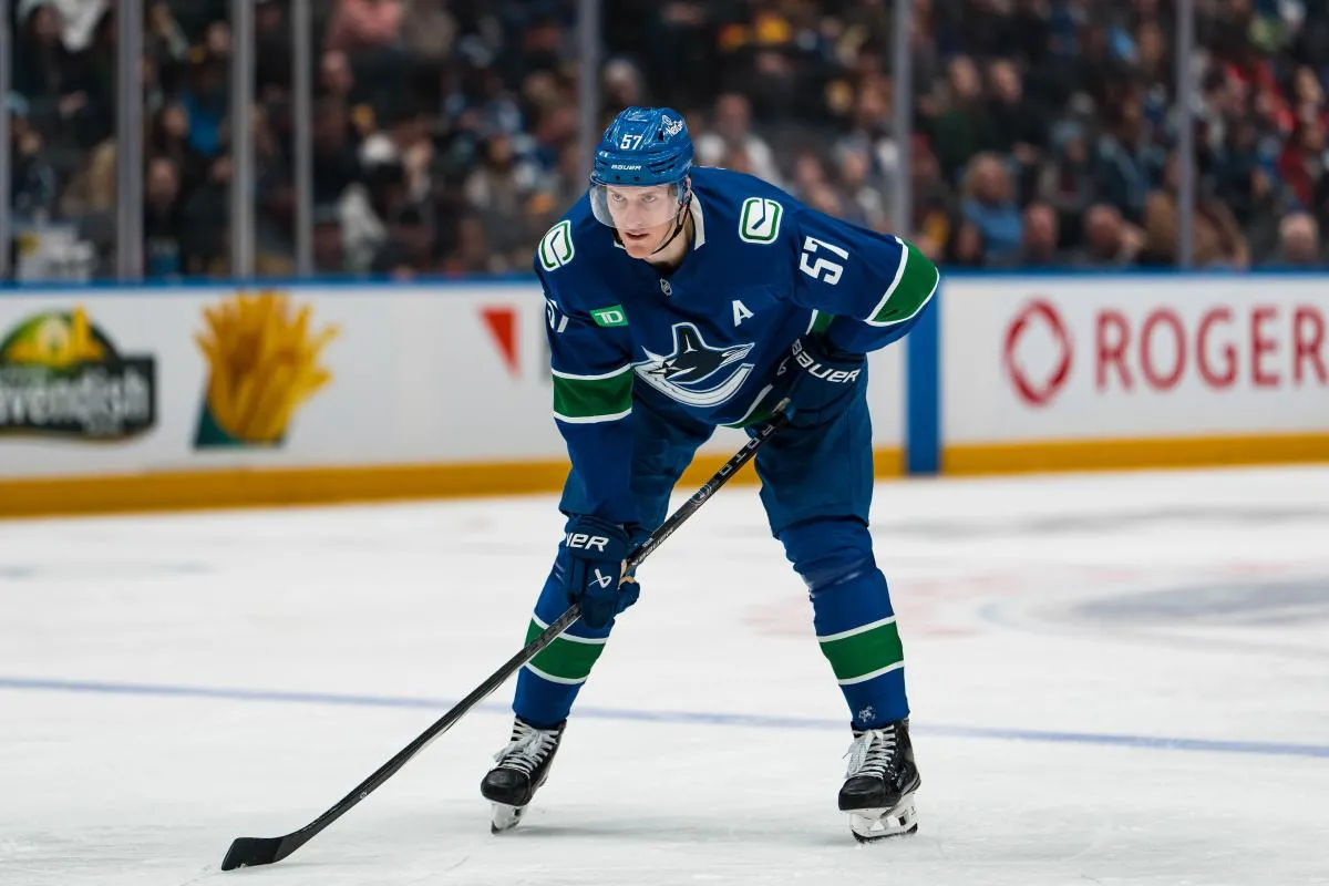 Vancouver Canucks defenseman Tyler Myers (57) during a stop in play against the Pittsburgh Penguins in the second period at Rogers Arena.