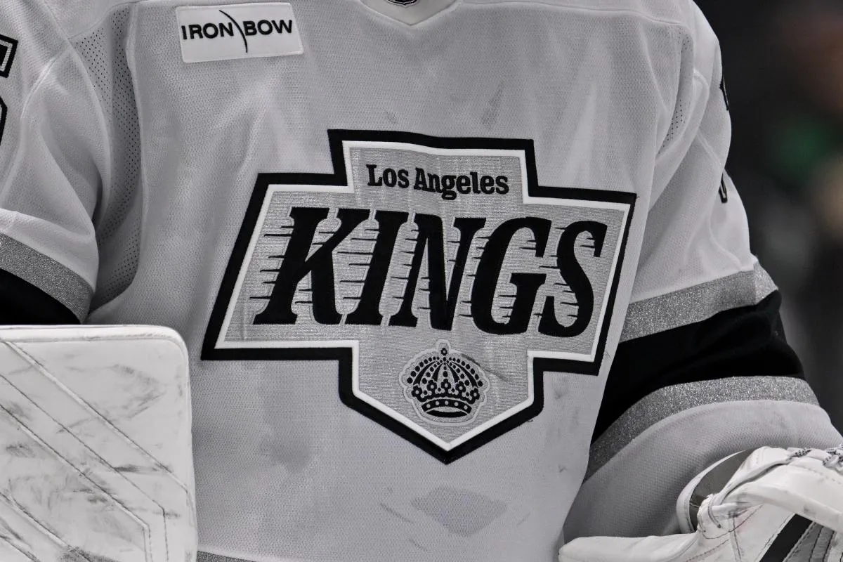 A view of the logo on the jersey of Los Angeles Kings goaltender Darcy Kuemper (35) during the game between the Stars and the Kings at the American Airlines Center.