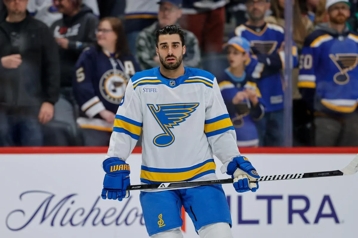 St. Louis Blues center Robby Fabbri (9) before the game against the Colorado Avalanche at Ball Arena.