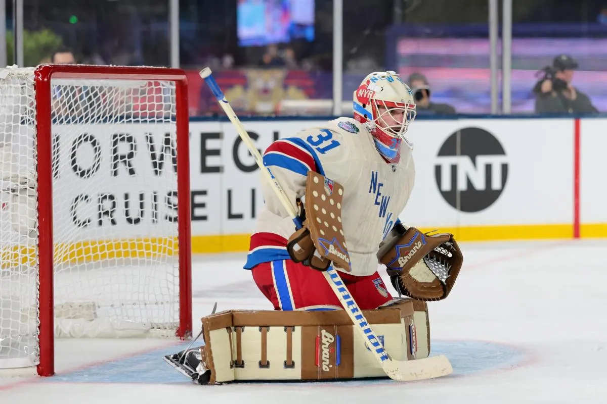 New York Rangers goaltender Igor Shesterkin (31) defends the net against the Florida Panthers during the second period in the 2026 Winter Classic ice hockey game at loanDepot Park.