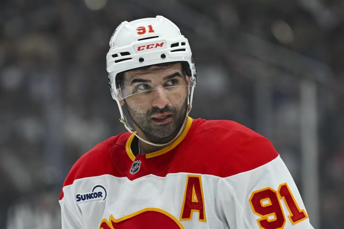 Calgary Flames center Nazem Kadri (91) is seen on the ice during the first period against the Los Angeles Kings at Crypto.com Arena.
