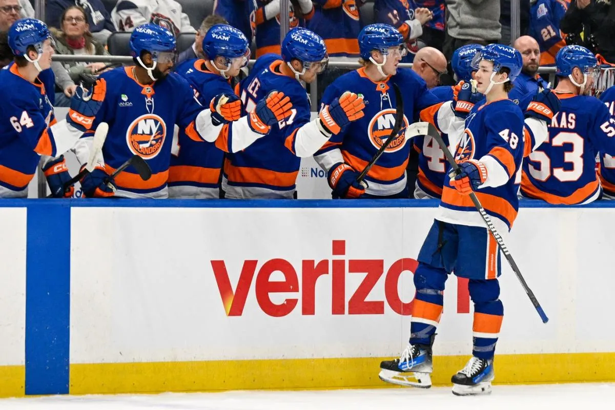 New York Islanders defenseman Matthew Schaefer (48) celebrates his goal against the Florida Panthers during the first periodat UBS Arena.