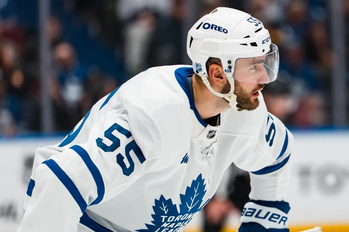 Toronto Maple Leafs forward Nicolas Roy (55) during a stop in play against the Vancouver Canucks in the second period at Rogers Arena