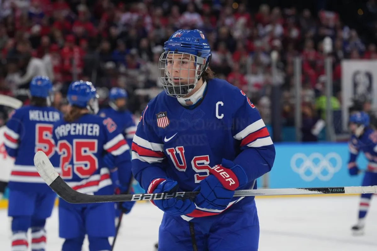 Hilary Knight (21) of the United States on the ice in the women's ice hockey gold medal game against Canada during the Milano Cortina 2026 Olympic Winter Games at Milano Santagiulia Ice Hockey Arena