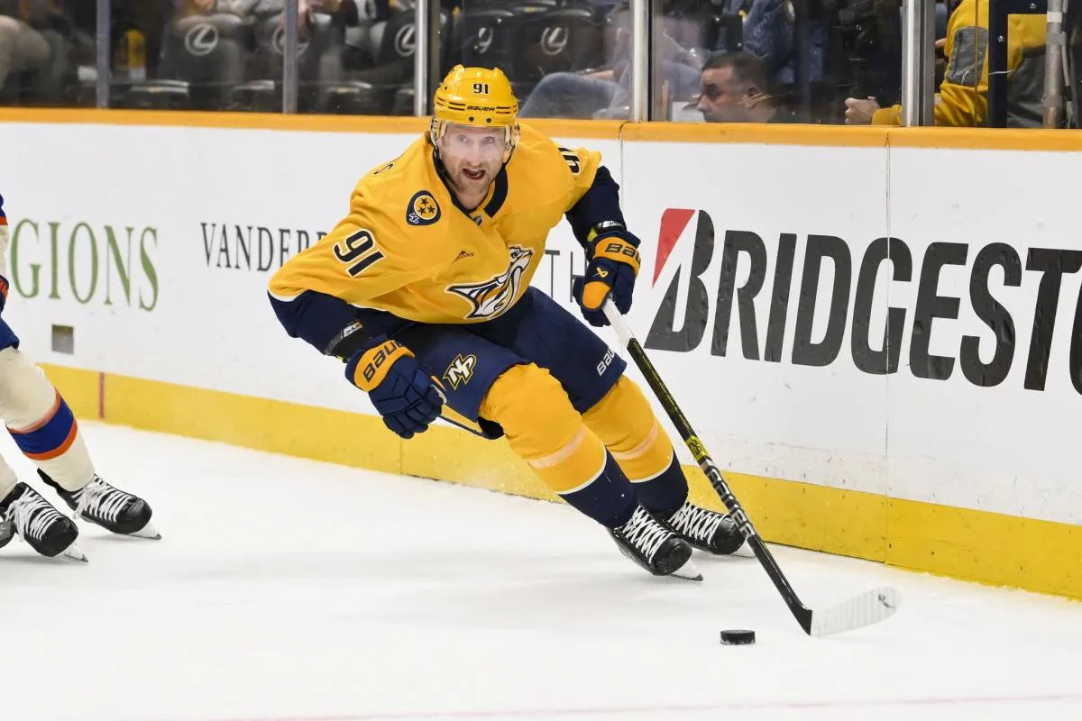 Nashville Predators center Steven Stamkos (91) skates behind the netagainst the Edmonton Oilers during the first period at Bridgestone Arena.