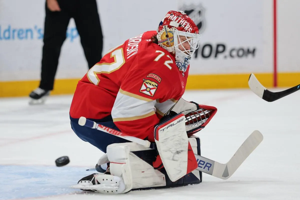 Florida Panthers goaltender Sergei Bobrovsky (72) makes a save against the Winnipeg Jets during the first period at Amerant Bank Arena. Sam Navarro-Imagn Images