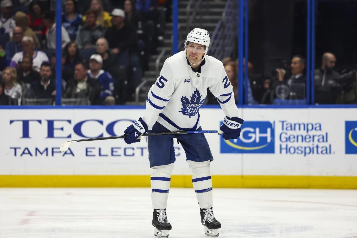 Toronto Maple Leafs defenseman Brandon Carlo (25) during the game against the Tampa Bay Lightning in the third period at Benchmark International Arena.