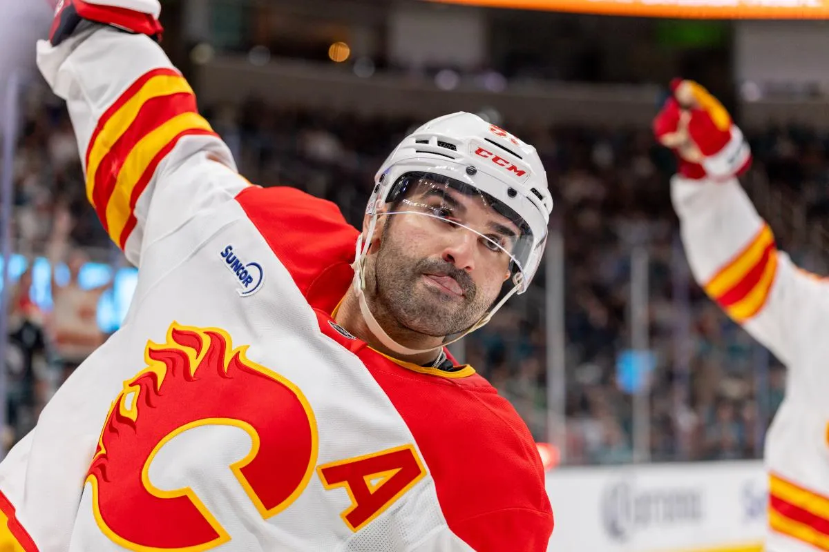 Calgary Flames center Nazem Kadri (91) celebrates his goal during the third period against the San Jose Sharks at SAP Center at San Jose.