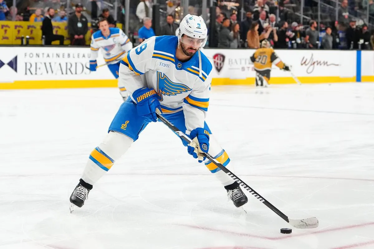 St. Louis Blues center Robby Fabbri (9) warms up before a game against the Vegas Golden Knights at T-Mobile Arena.