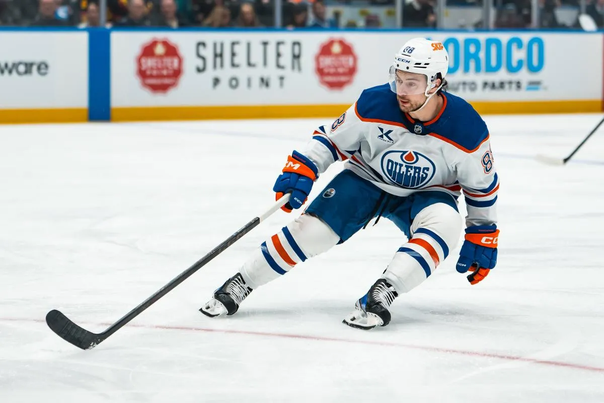 Edmonton Oilers forward Andrew Mangiapane (88) skates against the Vancouver Canucks in the first period at Rogers Arena.