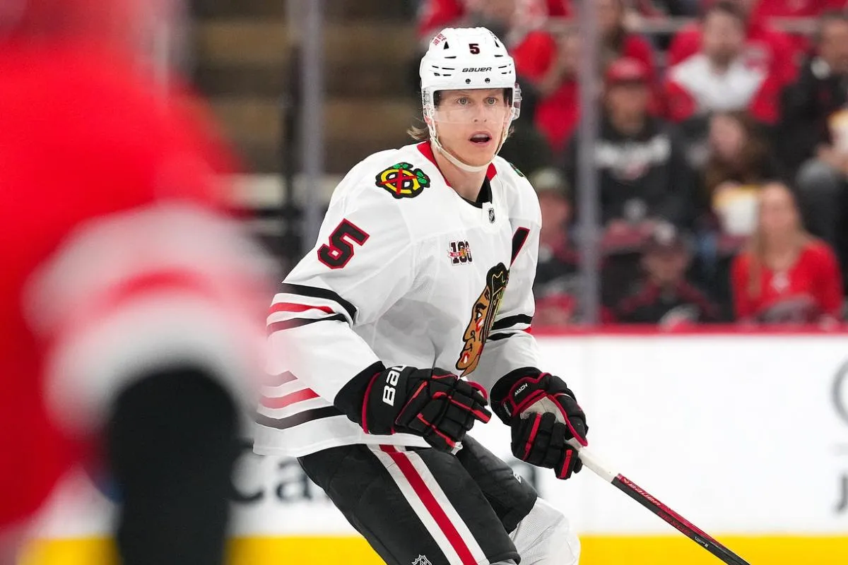 Chicago Blackhawks defenseman Connor Murphy (5) watches the play against the Carolina Hurricanes during the second period at Lenovo Center.