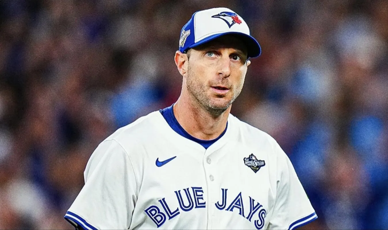 Toronto Blue Jays pitcher Max Scherzer (31) reacts after being relieved against the Los Angeles Dodgers in the fifth inning for game seven of the 2025 MLB World Series at Rogers Centre. Mandatory Credit: Nick Turchiaro-Imagn Images