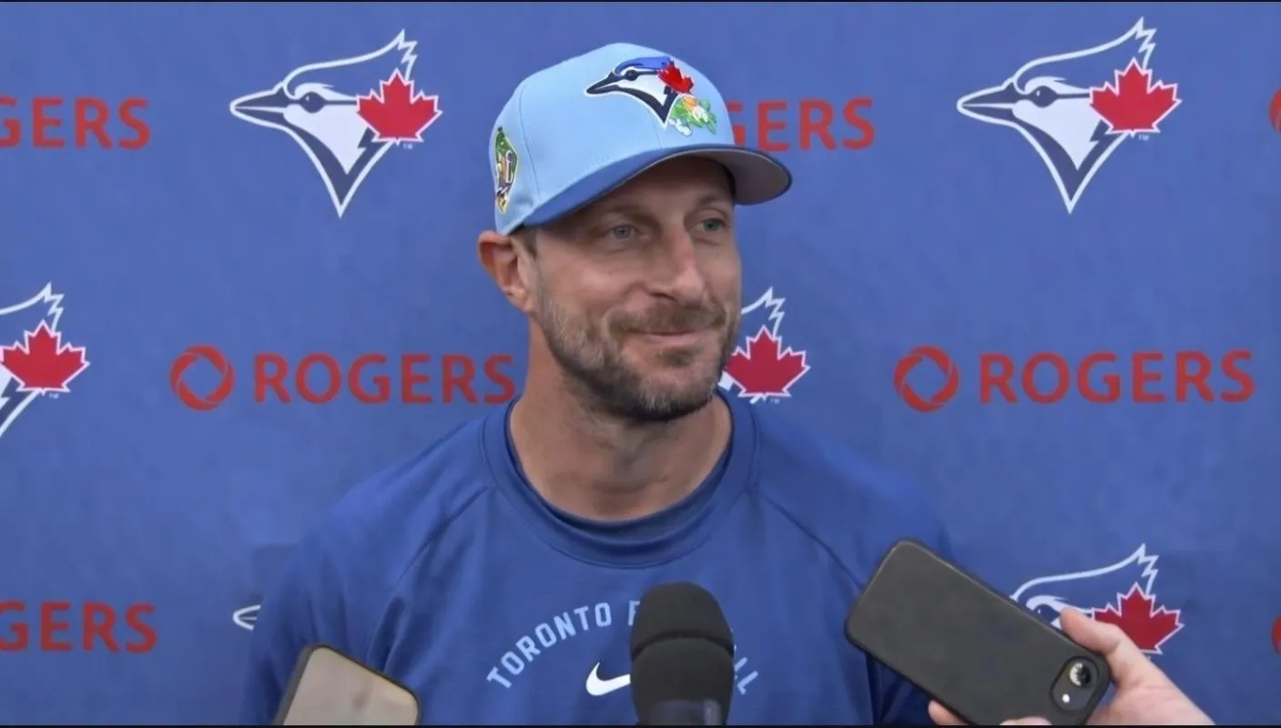 March 3, 2026: Toronto Blue Jays starting pitcher Max Scherzer addresses the media at the Player Development Complex in Dunedin Florida.