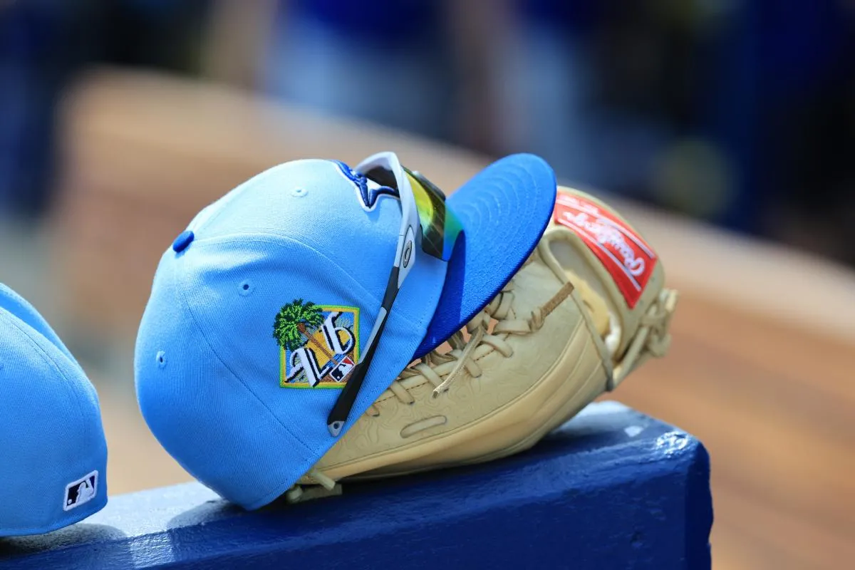 A detail view of Toronto Blue Jays spring training hat during the first inning against the Tampa Bay Rays at Charlotte Sports Park.