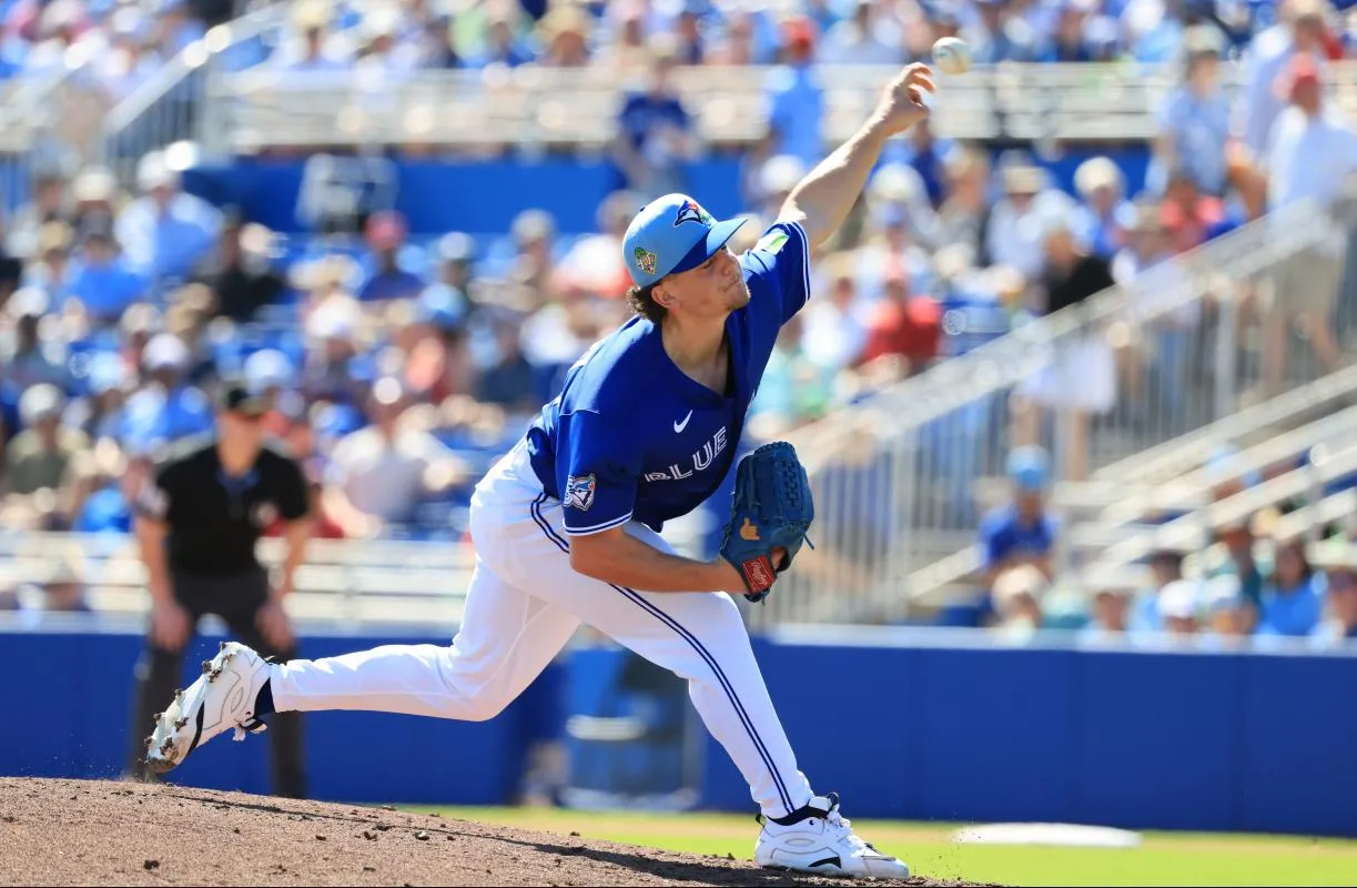 Toronto Blue Jays pitcher Adam MacKo (64) throws a pitch during the third inning against the Philadelphia Phillies at TD Ballpark.