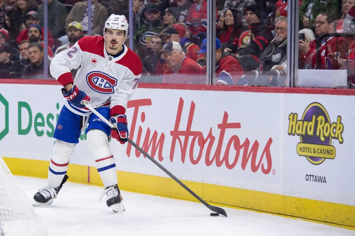 Montreal Canadiens defenseman Arber Xhekaj (72) controls the puck in the first period against the Ottawa Senators at the Canadian Tire Centre.