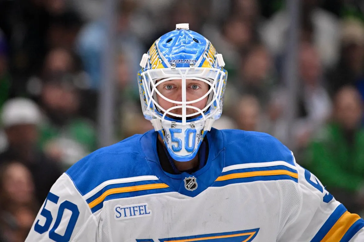 St. Louis Blues goaltender Jordan Binnington (50) looks on during the second period against the Dallas Stars at the American Airlines Center.